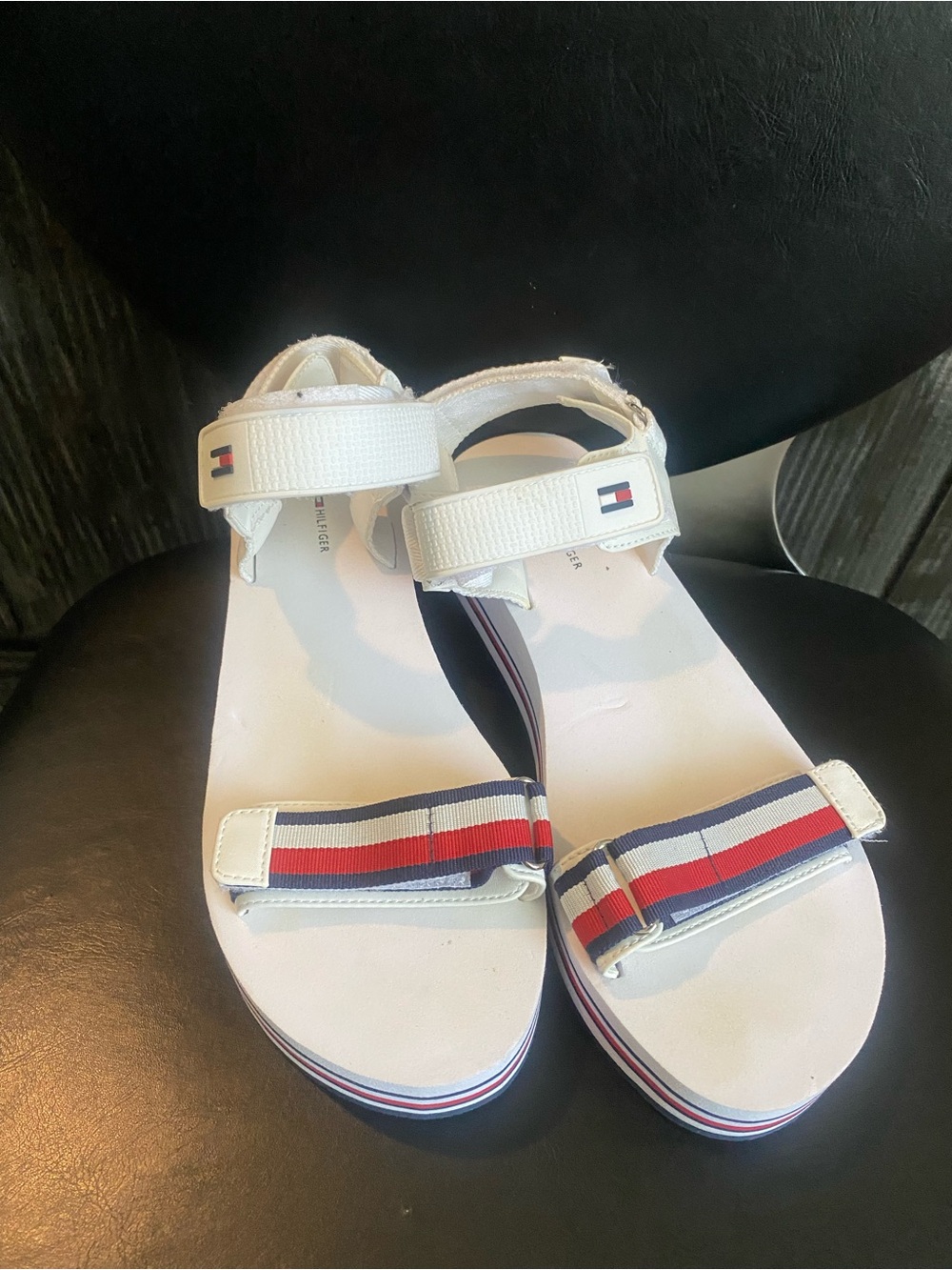 Tommy Hilfiger Women’s White Sandals with Red & Blue Stripe Accents